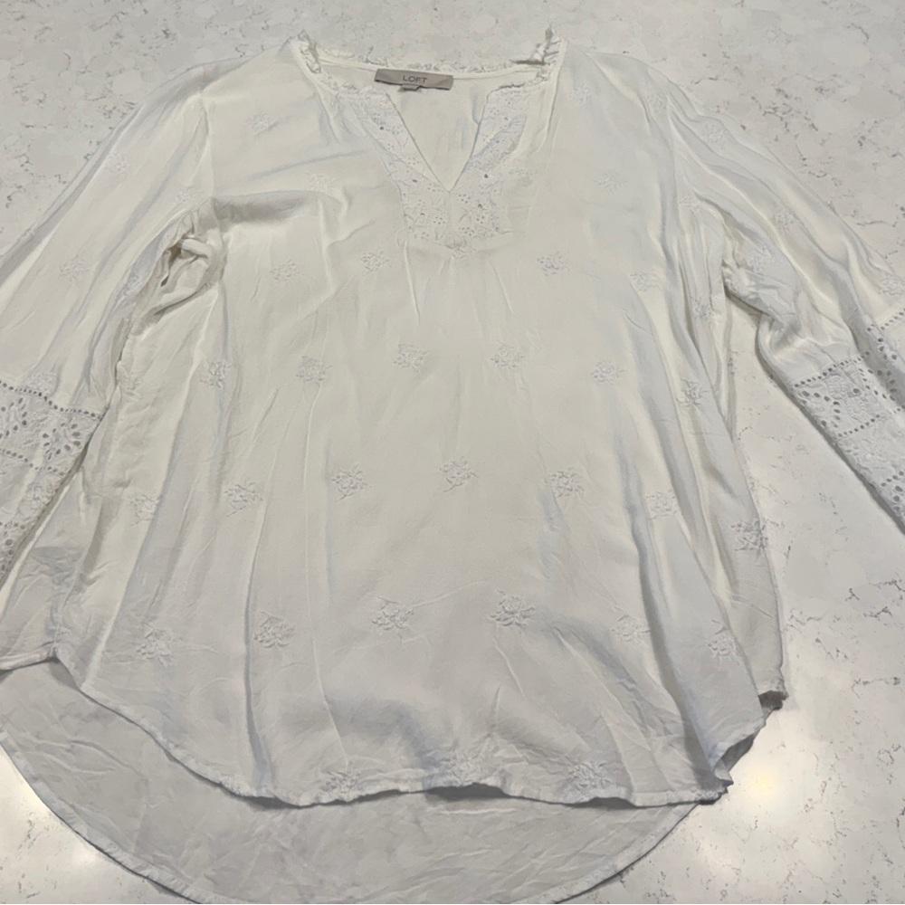 LOFT White Embroidered V-Neck Tunic
